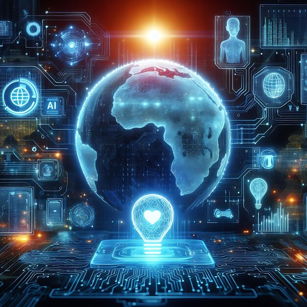 Inteligência Artificial e E-Learning Global Globo de Neon cercado por fluxos de dados digitais e IA