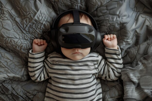 Inteligencia Artificial Generativa El bebé recién nacido está tendido en la cama con auriculares de realidad virtual y disfrutando de la realidad virtual