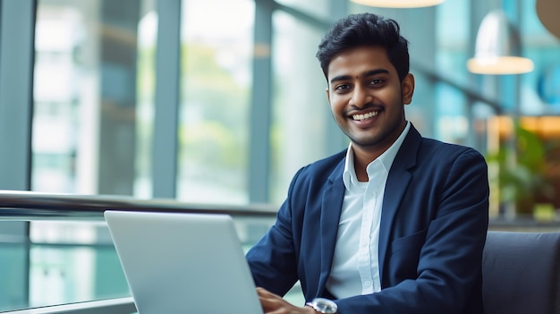 Inteligencia Artificial Generativa Un empresario indio sonriente trabajando en una computadora portátil en un espacio moderno de la oficina.