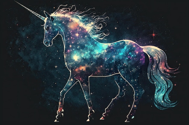 Inteligencia artificial generativa Una figura de unicornio en una nube de estrellas galácticas y brillo