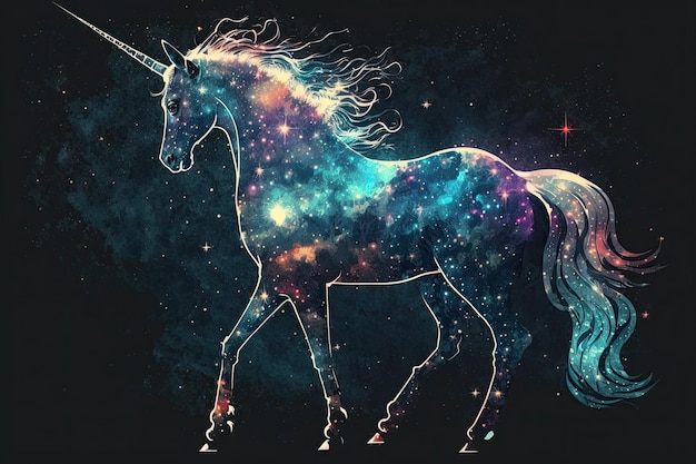 Inteligencia artificial generativa Una figura de unicornio en una nube de estrellas galácticas y brillo