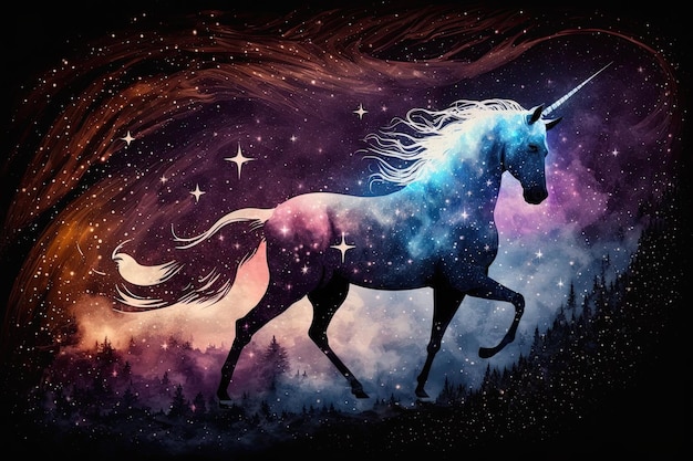 Inteligencia artificial generativa La figura de un unicornio en una nube de nebulosa galáctica entre los