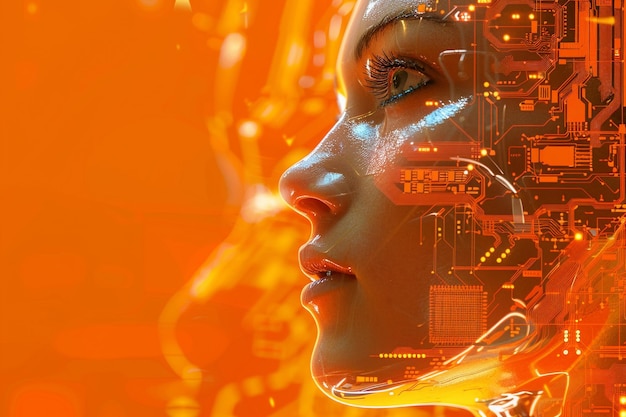 Inteligencia artificial un humano cibernético en un fondo de tonos naranja