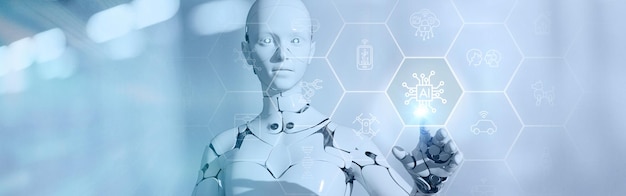 Inteligencia Artificial (IA) Concepto de innovación Iniciativas de IA en varios sectores, como el Internet de las cosas Finanzas, salud, negocios, marketing, seguridad, automatización, automóviles, agricultura.