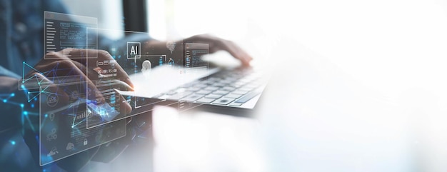 Inteligencia Artificial (IA) Hombre de negocios que utiliza la tecnología de IA para el análisis de datos codificación de lenguaje informático con aprendizaje automático de cerebro digital en pantalla virtual inteligencia de negocios