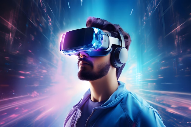 Inteligencia artificial (IA) hombre que usa gafas de realidad virtual conexión a Internet mundial virtual