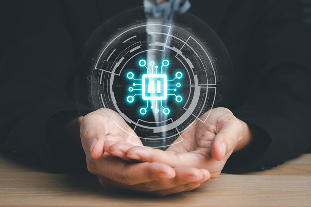 Inteligencia artificial (IA) Una persona con la mano sosteniendo un cerebro holográfico Icono de IA de la pantalla Internet de las cosas concepto IoTx9