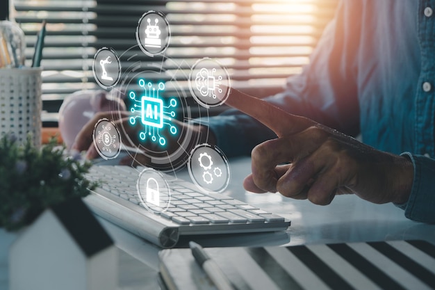 Inteligencia artificial (IA) Una persona con la mano sosteniendo un cerebro holográfico Icono de IA de la pantalla Internet de las cosas concepto IoTx9