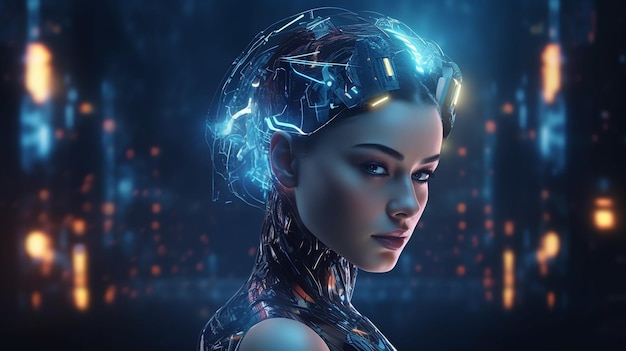 Inteligencia artificial en imagen de chica cyborg con cerebro electrónico IA generativa