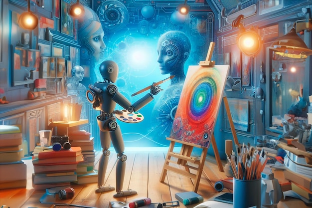 Inteligência artificial liberta a criatividade Um robô pinta uma obra de arte abstrata no estúdio de um artista