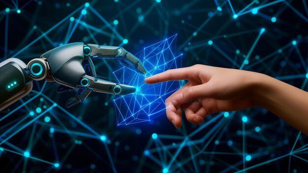 Inteligencia artificial: manos robóticas y manos humanas, innovación y concepto futurista.