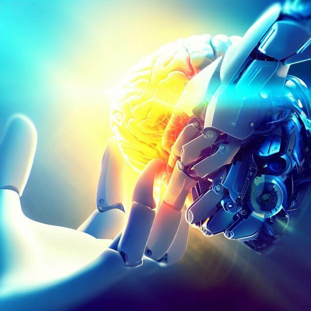 Inteligência artificial mão segurando cérebro humano ou fundo de tecnologia de IA