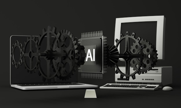 Inteligencia artificial Minería de datos de inteligencia artificial Tecnologías informáticas de aprendizaje profundo Tecnología cibernética futurista Innovación Cerebro que representa inteligencia artificial con engranaje dentado tono oscuro representación 3d