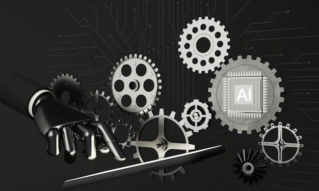 Inteligencia artificial Minería de datos de inteligencia artificial Tecnologías informáticas de aprendizaje profundo Tecnología cibernética futurista Innovación Cerebro que representa inteligencia artificial con engranaje dentado tono oscuro representación 3d