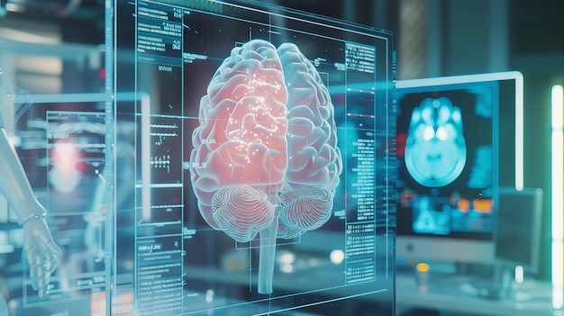 Inteligência artificial no conceito de tecnologia hospitalar de saúde inteligente Algoritmos biomédicos de IA e aprendizagem de máquina detectam células cerebrais de pneumonia e câncer no processo de raios-X