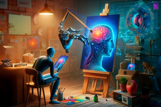 Inteligência artificial no processo criativo um robô pintando um cérebro colorido