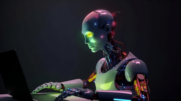 Inteligencia artificial o robot android AI sentado en el escritorio trabajando en una oficina de negocios corporativos