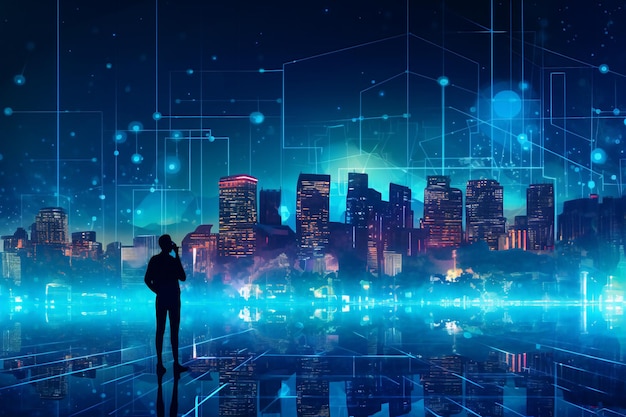 Inteligência artificial olhando para a cidade inteligente, controlando a infraestrutura da cidade, ai generativa
