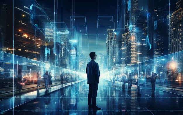 Inteligência artificial olhando para cidade inteligente Controle de IA tráfego de dados de infraestrutura da cidade garante