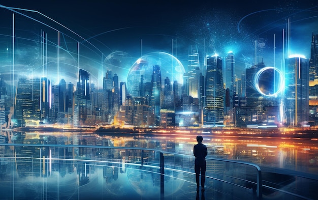 Inteligência artificial olhando para cidade inteligente Controle de IA tráfego de dados de infraestrutura da cidade garante
