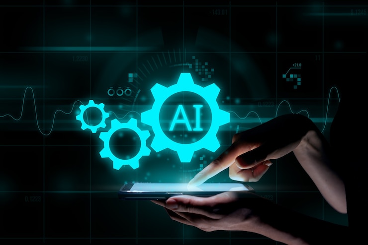 Foto inteligência artificial ou conceito ia. design de ícone futurista e gráficos mão com tablet.