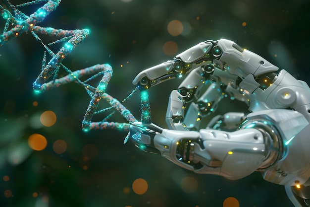 Inteligência Artificial Papel na evolução da vida Uma mão robótica aponta para o DNA