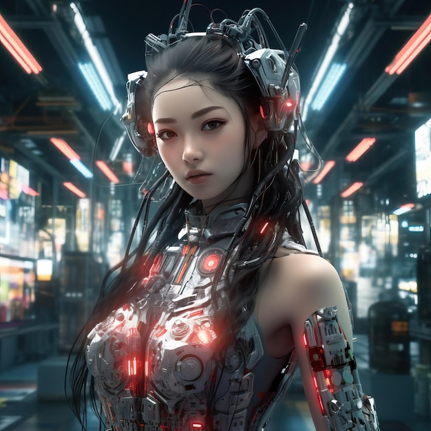 Foto inteligência artificial rapariga cyborg asiática cyberpunk