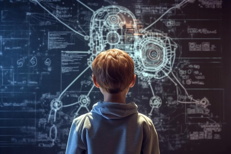 Foto inteligencia artificial robot ai o cyborg maestro con niño estudiante de la escuela