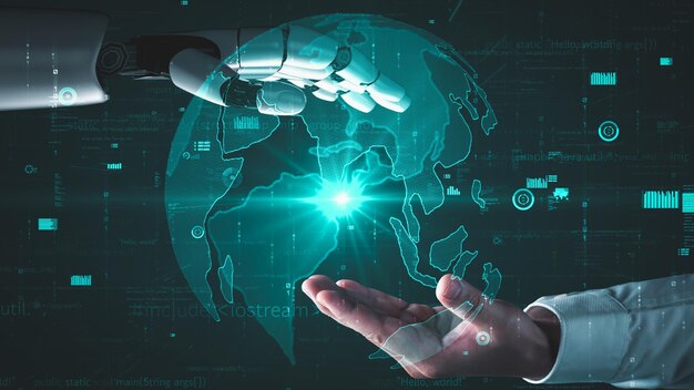 Inteligencia artificial robótica futurista que ilumina el desarrollo de la tecnología de IA y el concepto de aprendizaje automático Investigación científica biónica robótica global para el futuro de la vida humana Gráfico de representación 3D