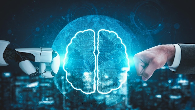 Inteligencia artificial robótica futurista que ilumina el desarrollo de la tecnología de IA y el concepto de aprendizaje automático Investigación científica biónica robótica global para el futuro de la vida humana Gráfico de representación 3D