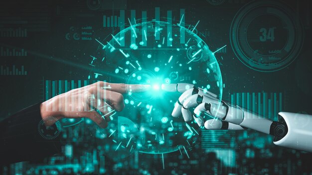 Inteligencia artificial robótica futurista que ilumina el desarrollo de la tecnología de IA y el concepto de aprendizaje automático Investigación científica biónica robótica global para el futuro de la vida humana Gráfico de representación 3D