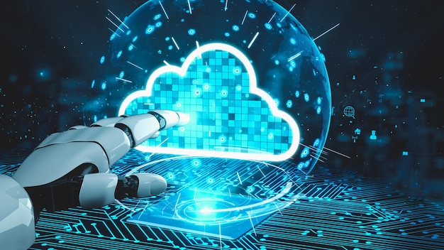 Inteligencia artificial robótica futurista que ilumina el desarrollo de la tecnología de IA y el concepto de aprendizaje automático Investigación científica biónica robótica global para el futuro de la vida humana Gráfico de representación 3D