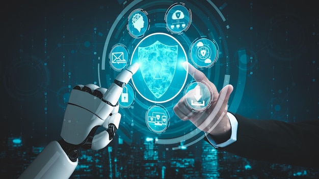Inteligencia artificial de robots futuristas que ilumina el desarrollo de tecnología de IA y el concepto de aprendizaje automático Investigación científica biónica robótica global para el futuro de la vida humana Renderización gráfica en 3D