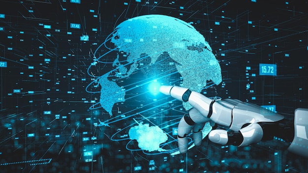 Inteligencia artificial de robots futuristas que ilumina el desarrollo de tecnología de IA y el concepto de aprendizaje automático Investigación científica biónica robótica global para el futuro de la vida humana Renderización gráfica en 3D