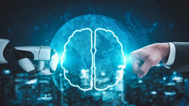Inteligencia artificial de robots futuristas que iluminan el desarrollo de tecnología de IA y el concepto de aprendizaje automático Investigación científica robótica biónica global para el futuro de la vida humana Rendering gráfico 3D