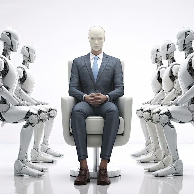 Inteligencia artificial sentada en una silla IA aislada quita trabajos a la gente Cyborg candidato esperando una entrevista en fondo blanco Día de la carrera Ilustración de IA generativa
