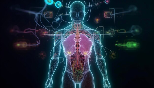 Foto inteligência artificial um humano cibernético humanoide com uma rede neural pensa o conceito de ia de big data ou segurança cibernética conceito de bate-papo gpt ia com um cérebro digital processa big data ia generativa