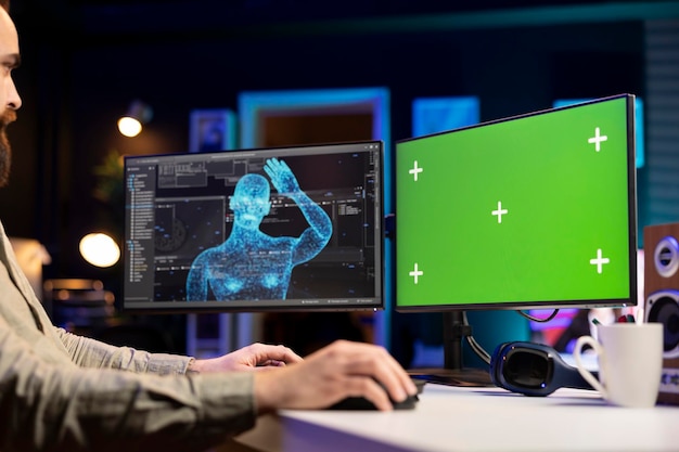 La inteligencia artificial se vuelve sensible saludando al administrador de TI desde la PC chroma key