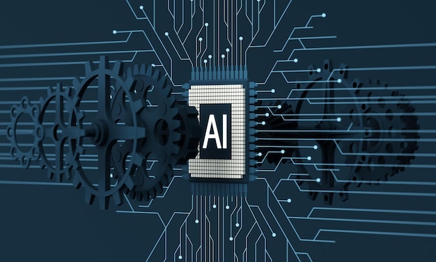 Inteligencia artificial web banner de un chip de procesador El proceso de procesamiento de datos Desarrollos en tecnologías modernas Microcircuitos en fondo brillante de neón Renderización 3D