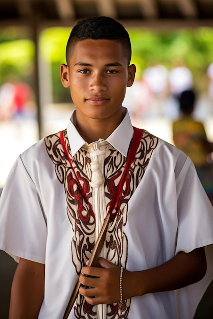 inteligente bem vestido adolescente polinésia em vestido tradicional tongan apenas para fora da igreja como