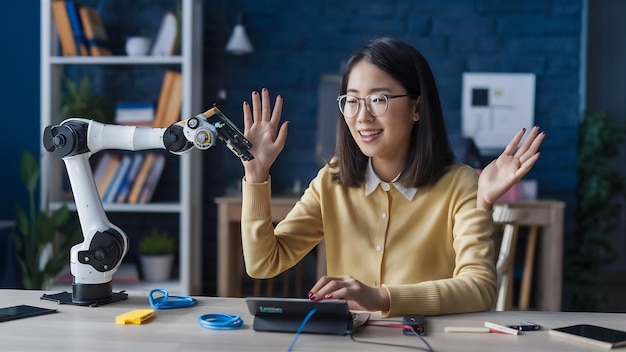 Inteligente programadora asiática mujer aprendiendo robot brazo ai codificación de la placa electrónica cable en el tallo de vapor ella