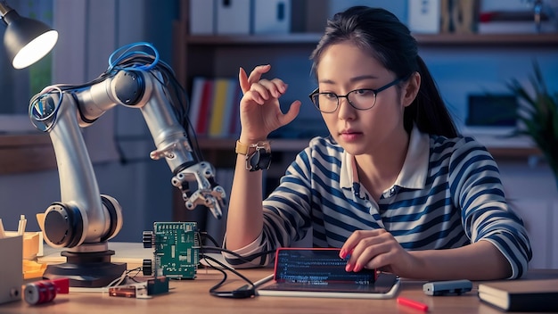 Inteligente programadora asiática mulher aprendendo braço robô ai codificação de placa eletrônica cabo em caule vapor ela
