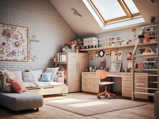 Intelligent gestaltetes Loft-Zimmer für Kinder der KI-Generation