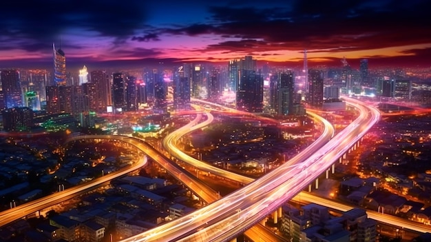 Intelligente digitale Stadt mit Hochgeschwindigkeits-Lichtspur von Autos der digitalen Datenübertragung generative KI