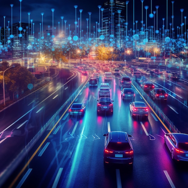 Intelligente digitale Stadt mit Hochgeschwindigkeits-Lichtspur von Autos der digitalen Datenübertragung