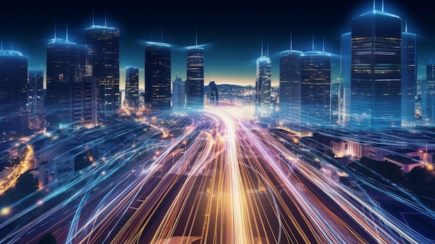 Intelligente digitale Stadt mit Hochgeschwindigkeits-Lichtspur von Autos der digitalen Datenübertragung