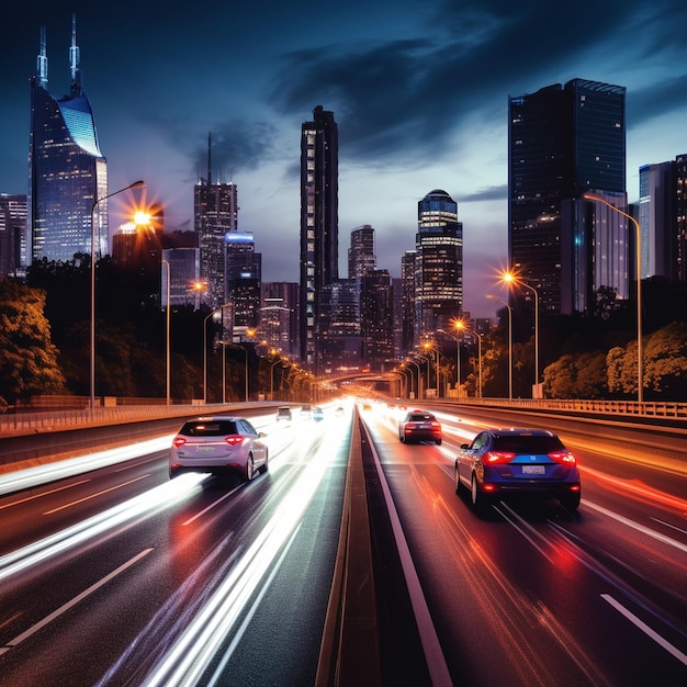 Intelligente digitale Stadt mit Hochgeschwindigkeits-Lichtspur von Autos der digitalen Datenübertragung