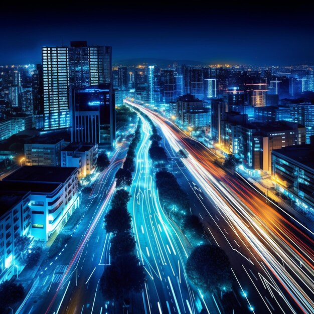Intelligente digitale Stadt mit hoher Geschwindigkeit Lichtspur von Autos der digitalen Datenübertragung
