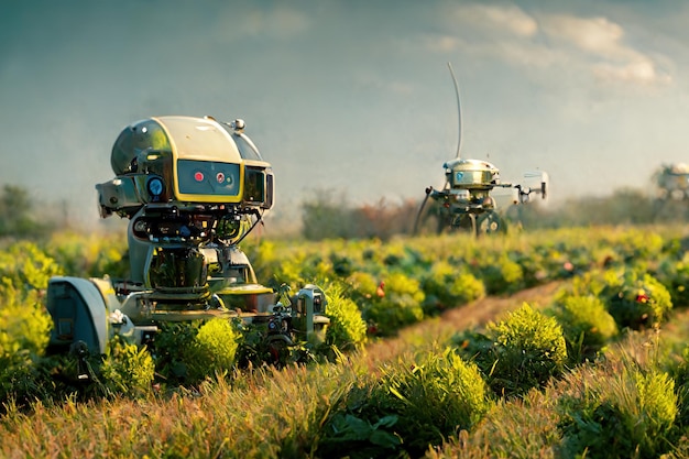 Intelligente futuristische Roboterbauern, die auf dem Feld arbeiten Landwirtschaftstechnologie Landwirtschaftliche Automatisierung