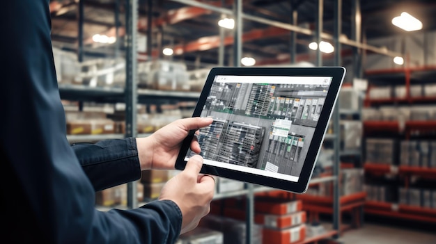 Intelligente industrielle Steuerungskonzepte: Hände halten Tablet auf verschwommener Automatisierungsmaschine als Hintergrund